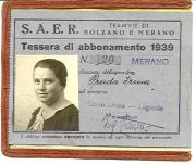 S.A.E.R. Tramvie di Bolzano e Merano. Tessera di abbonamento 1939. N. 120. Merano
