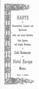 Karte für Dessertweine, Liquere und Spirituosen - kalte und warme Getränke - kalte Speisen und belegte Brötchen im Café-Restaurant des Hotel Europa, Meran.