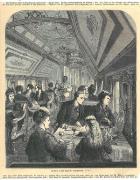 Speisesalon in einem Waggon der Pacific - Eisenbahn.