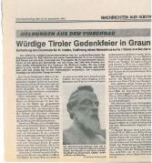 Würdige Tiroler Gedenkfeier in Graun. Enthüllung des Denkmals für H. Natter, Eröffnung eines Heimatmuseums / Gäste aus Nauders