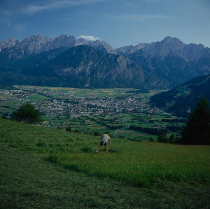 Vista su Lienz, Zettersfeld con falciatore in primo piano