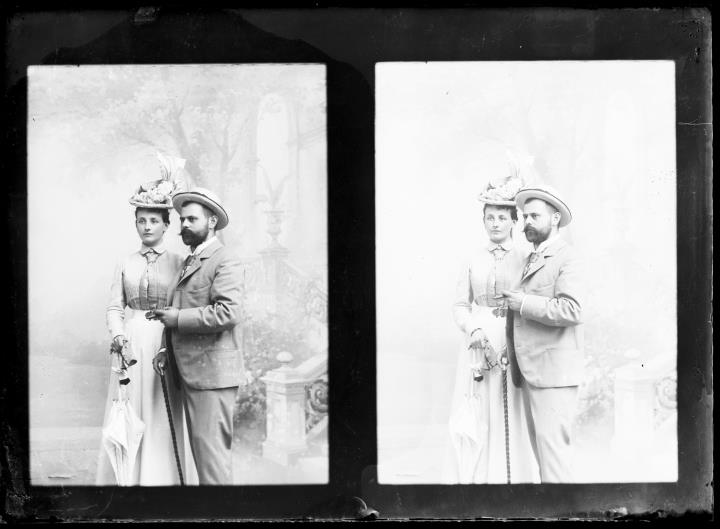 Studioaufnahme. Zwei Gruppenporträts eines Mannes und einer Frau (Robert Waldmüller, Bruder des Fotografen Hermann Waldmüller (1864-1936), und seine Ehefrau, Josefine Unterweger, verheiratet Waldmüller, (17.06.1870-27.10.1938))