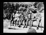 Ripresa in esterno. Ritratto di gruppo di sei giovani nel bosco