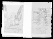 Due disegni. Un edificio, un gruppo di persone che suonano musica e ballano