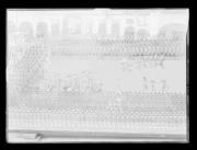 Riproduzione di un quadro di Kusseth (settecento): Piazza Erbe di Bolzano con la allora trattoria Sonne e l'annuale danza dei bottai (Bindertanz). Dettaglio. Tante persone in una piazza. Al centro le persone danzano