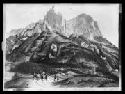 Riproduzione di un quadro. Paesaggio con lo Sciliar e l´Hauenstein. Davanti alcune persone in veste tradizionale