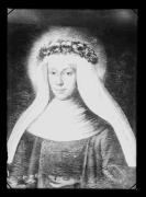 Riproduzione di un quadro. Donna con corona di fiori