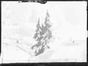 Riproduzione di una grafica. Un albergo nelle montagne con una piscina. In fondo una chiesa